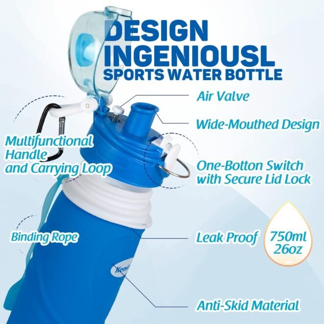 Collapsible Silicone Water Bottles-750ML,Medical Grade,BPA Free Travel Water Bottle Can Roll Up,26oz,Leak Proof Foldable Sports & Outdoor Water Bottles - Image 4