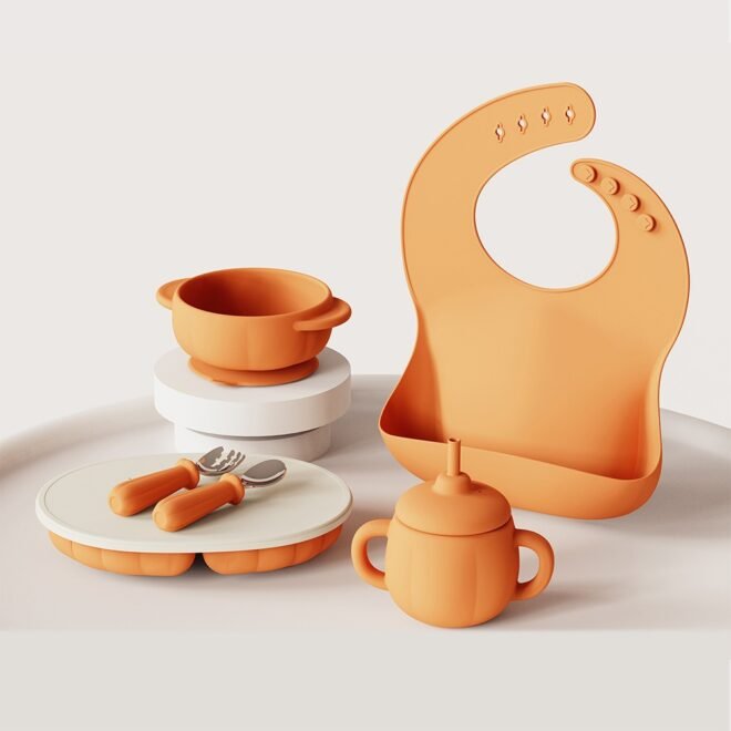 Silicone Baby Feeding Set Divided Suction Plate Bowl Bibs Sippy Cup with Baby Spoons Forks - Image 2