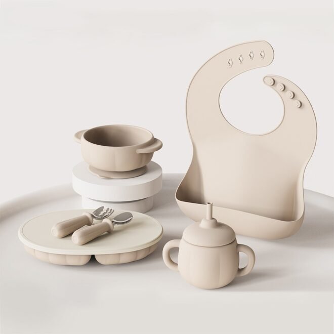 Silicone Baby Feeding Set Divided Suction Plate Bowl Bibs Sippy Cup with Baby Spoons Forks - Image 5