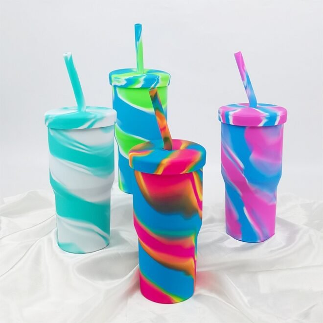 Colorful Water Cups Silicone Straw Tumbler Silicone Cup with Lids & Straws - Image 8