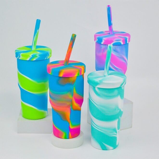 Colorful Water Cups Silicone Straw Tumbler Silicone Cup with Lids & Straws - Image 7
