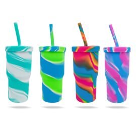 Colorful Water Cups Silicone Straw Tumbler Silicone Cup with Lids & Straws