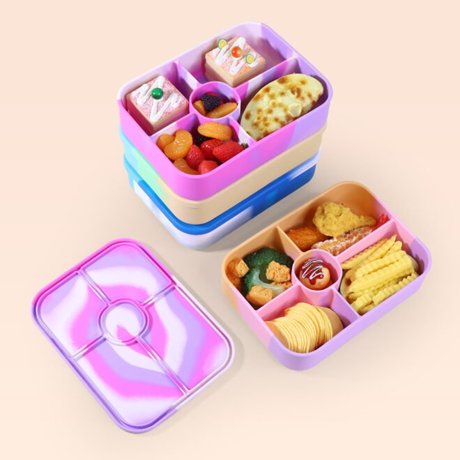 Silicone Bento Boxes Reusable Lunch Box 5 Compartment Containers with Sauce Section Meal Prep Leakproof Snack Box