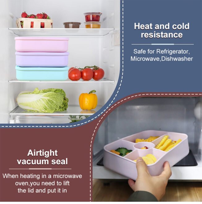 Silicone Bento Boxes Reusable Lunch Box 5 Compartment Containers with Sauce Section Meal Prep Leakproof Snack Box - Image 7