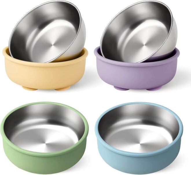 2025 New Baby Product Unbreakable Non-Slip Baby Food Bowls Removable Silicone Shell Stainless Steel Silicone Suction Kids Dining