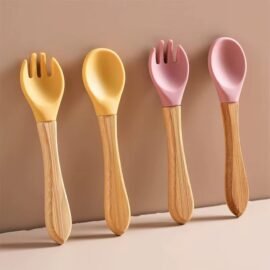 High Quality New Baby Wooden Handle Soft Silicone Spoon Fork Set Children Baby Toddler Food Feeding Cutlery Silicone Spoon