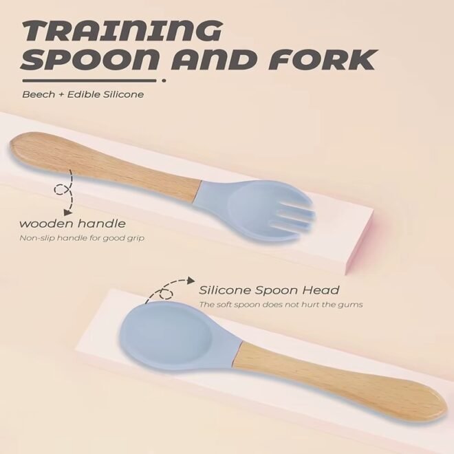 High Quality New Baby Wooden Handle Soft Silicone Spoon Fork Set Children Baby Toddler Food Feeding Cutlery Silicone Spoon - Image 5