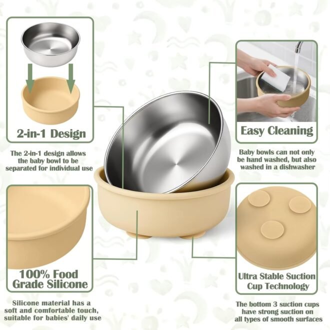 2025 New Baby Product Unbreakable Non-Slip Baby Food Bowls Removable Silicone Shell Stainless Steel Silicone Suction Kids Dining - Image 4
