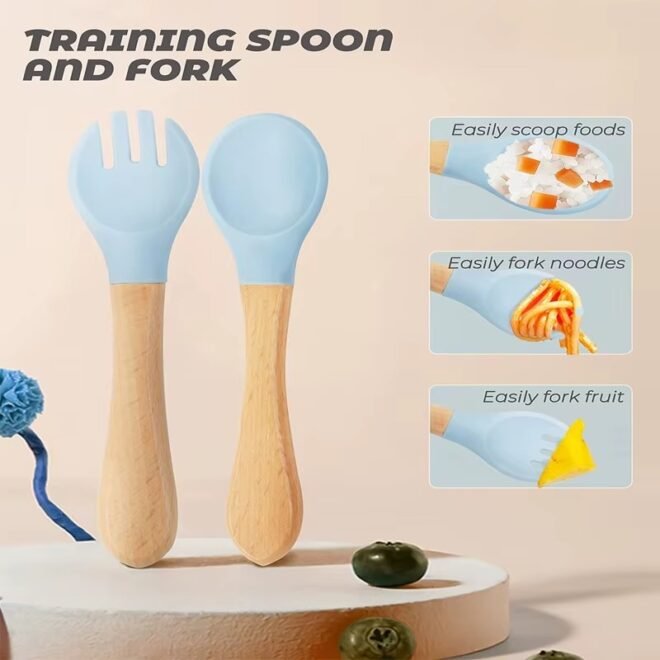 High Quality New Baby Wooden Handle Soft Silicone Spoon Fork Set Children Baby Toddler Food Feeding Cutlery Silicone Spoon - Image 4