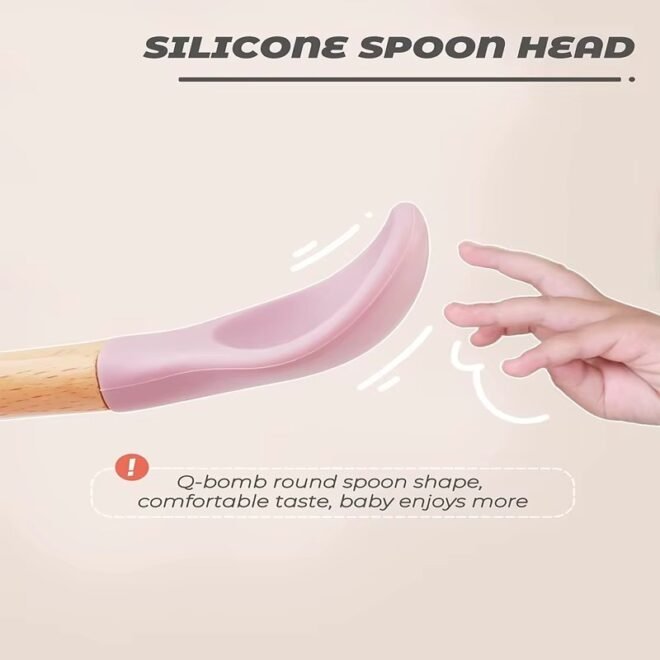 High Quality New Baby Wooden Handle Soft Silicone Spoon Fork Set Children Baby Toddler Food Feeding Cutlery Silicone Spoon - Image 3